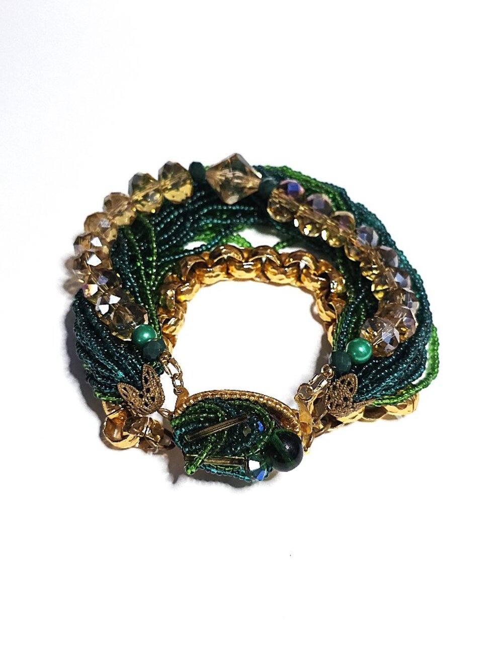 Green & gold beaded faceted glass mutli-row bracelet